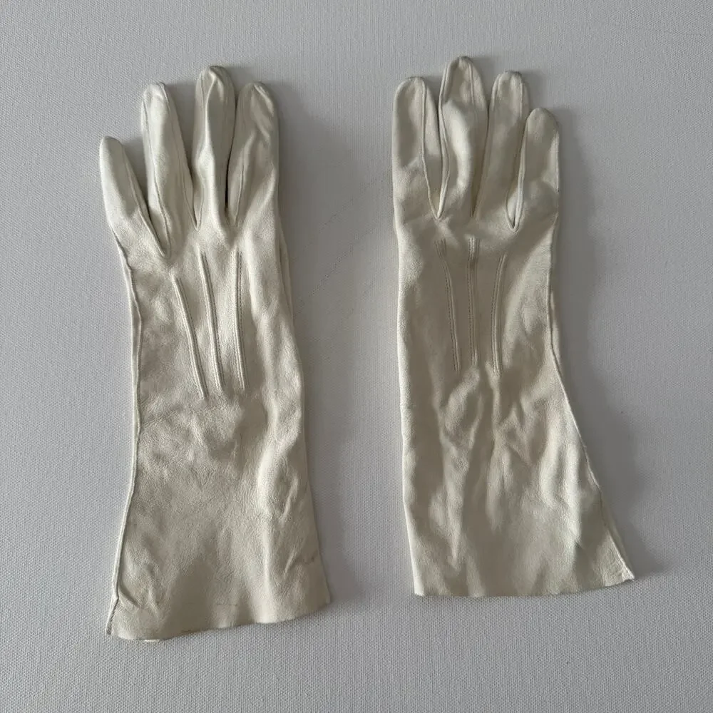 50s SMITH Vintage White Washable Doeskin Mid-forearm 4 Button Gloves 7 1/2